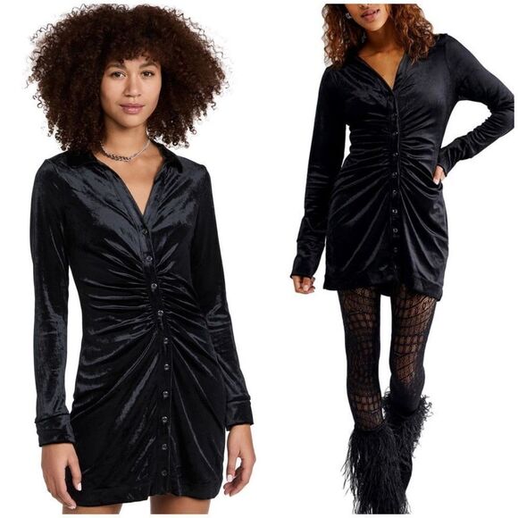 Free People - Shayla Mini Dress in Velvet Black - Picture 1 of 8